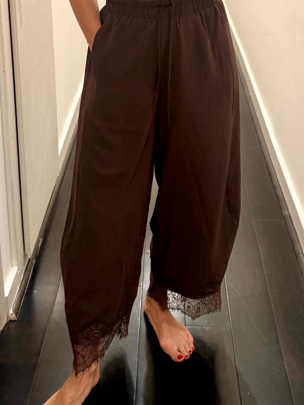 Wide Leg Lace-Hem Pants in Dark Brown